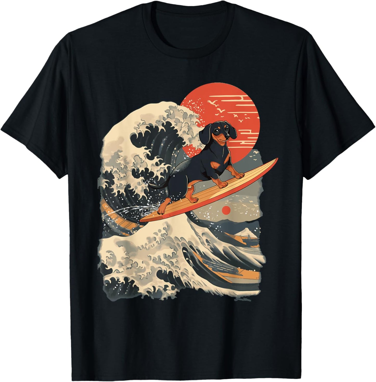 Dachshund Surfing Japanese Great Wave T-shirt