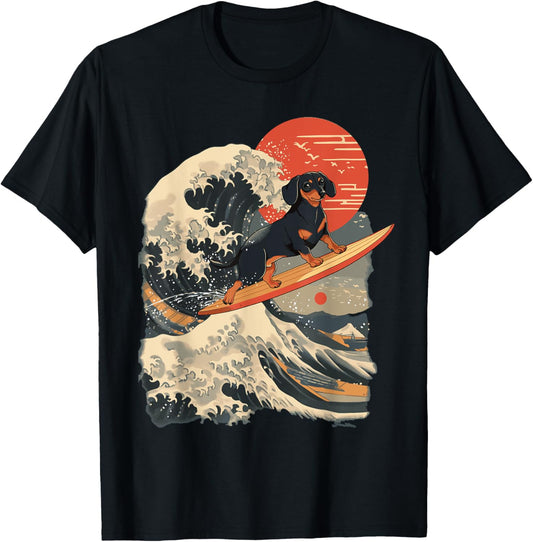 Dachshund Surfing Japanese Great Wave T-shirt