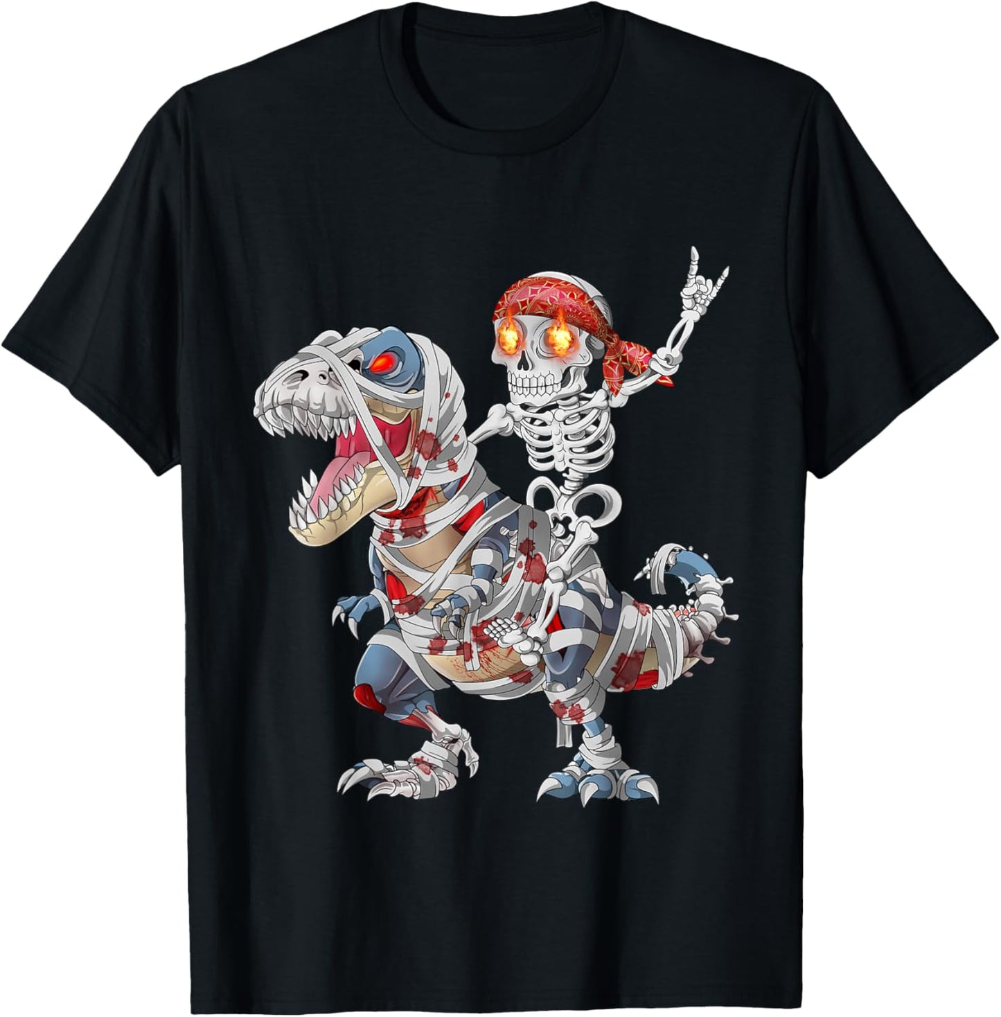 Rocker Skeleton Riding Mummy Zombine Dinosaur Halloween T-Shirt