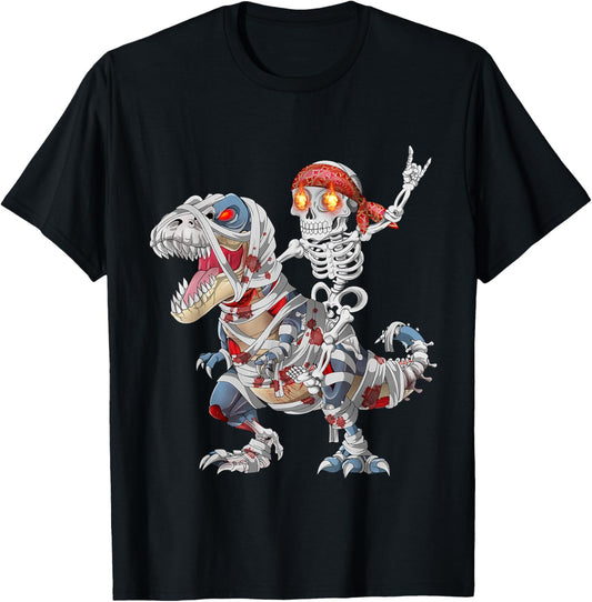 Rocker Skeleton Riding Mummy Zombine Dinosaur Halloween T-Shirt