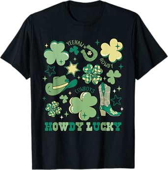 Howdy Lucky Go Retro Western Irish Shamrock St Patrick's Day T-Shirt