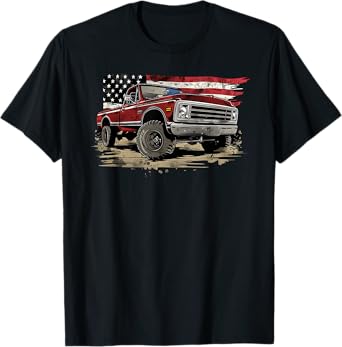 Vintage Pickup Truck With Flag Patriotic Style Women Girls Kids Men T-Shirt