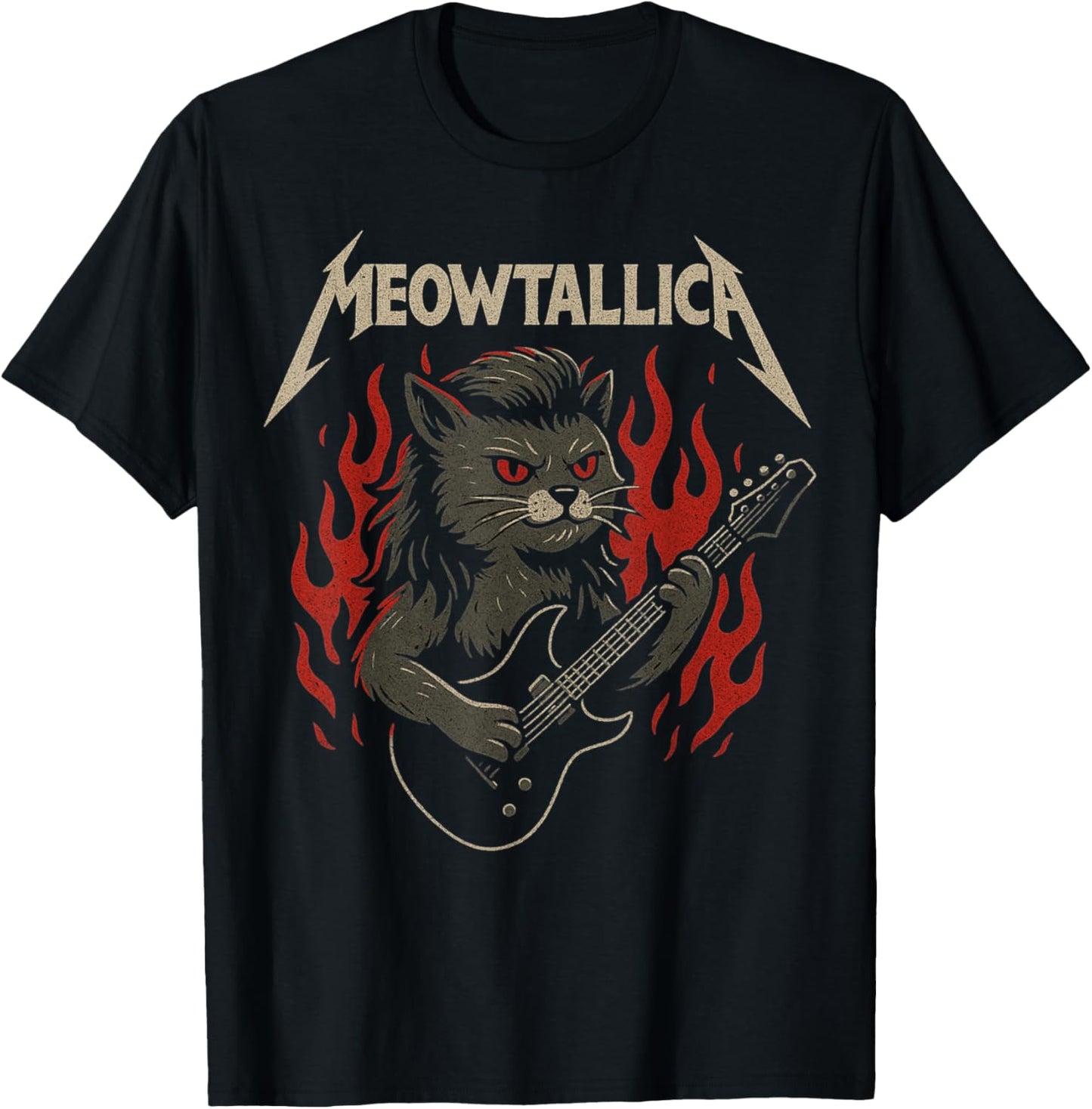 Meowtallica Rock Cat Guitar Flames Tee T-Shirt