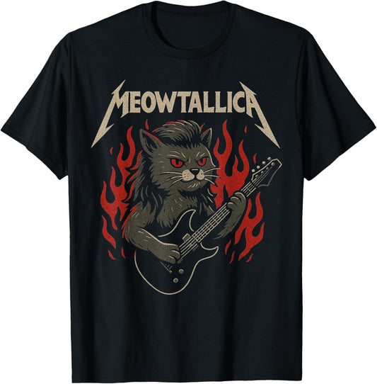 Meowtallica Rock Cat Guitar Flames Tee T-Shirt