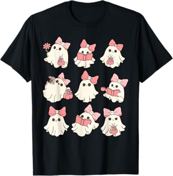 Pink Coquette Bow Cute Ghost Halloween Spooky Season T-Shirt