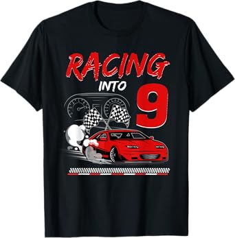 Racing into 9 Year Old Birthday Race Car 9th Boy Party T-Shirt
