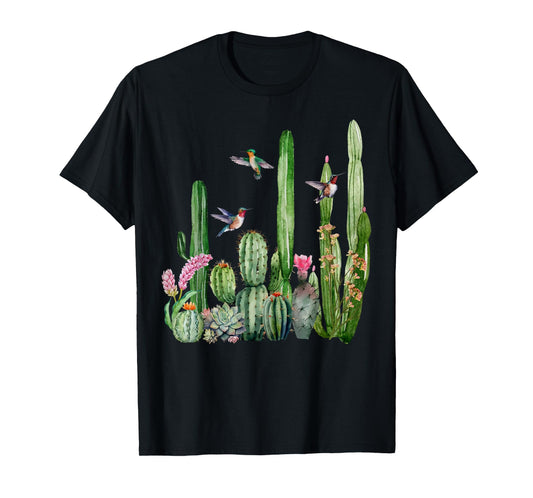 Cottagecore Cactus Flowers Hummingbird Floral Gardening T-Shirt