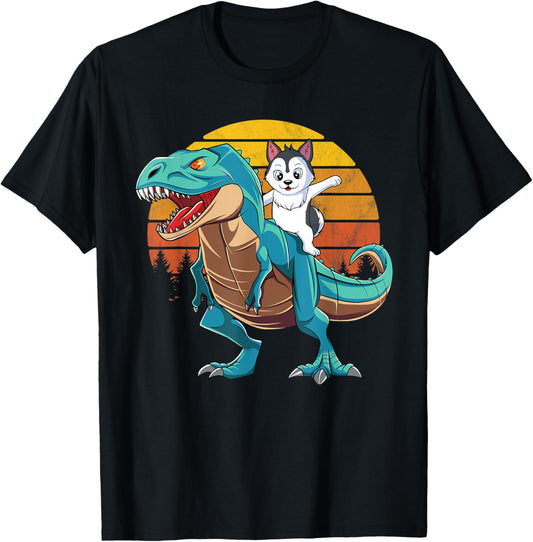 Siberian Husky Dog Riding Dinosaur T Rex Boys Girls Gift T-Shirt