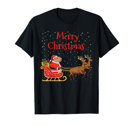 Merry Christmas Capybara Riding Santa Sleigh With Reindeer T-Shirt