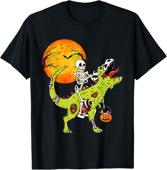 Skeleton Riding T Rex Dinosaur Zombie Halloween T-Shirt