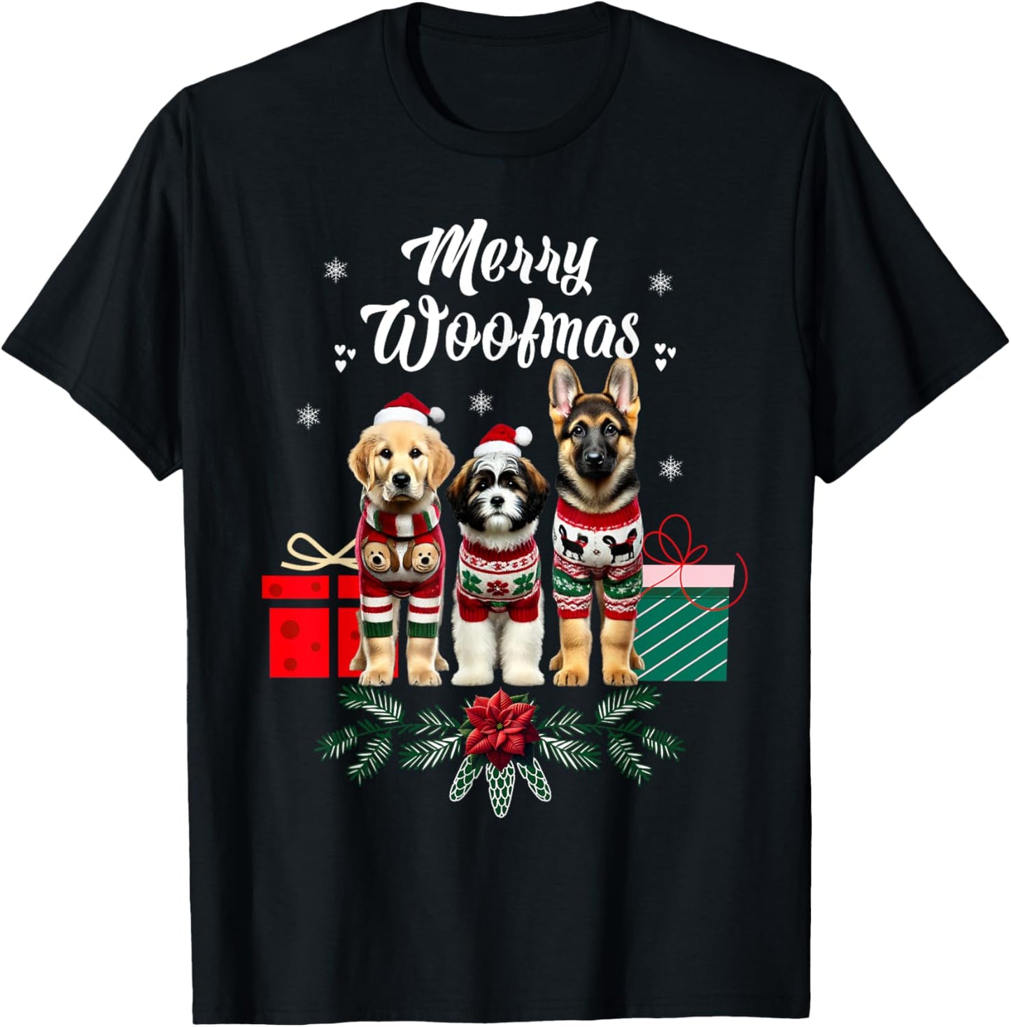Cute Puppies Merry Christmas Woofmas Dog Lover Mom Dad T-Shirt