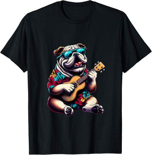Bulldog Wearing a Hawaiian Shirt, Playing a Ukulele T-Shirt