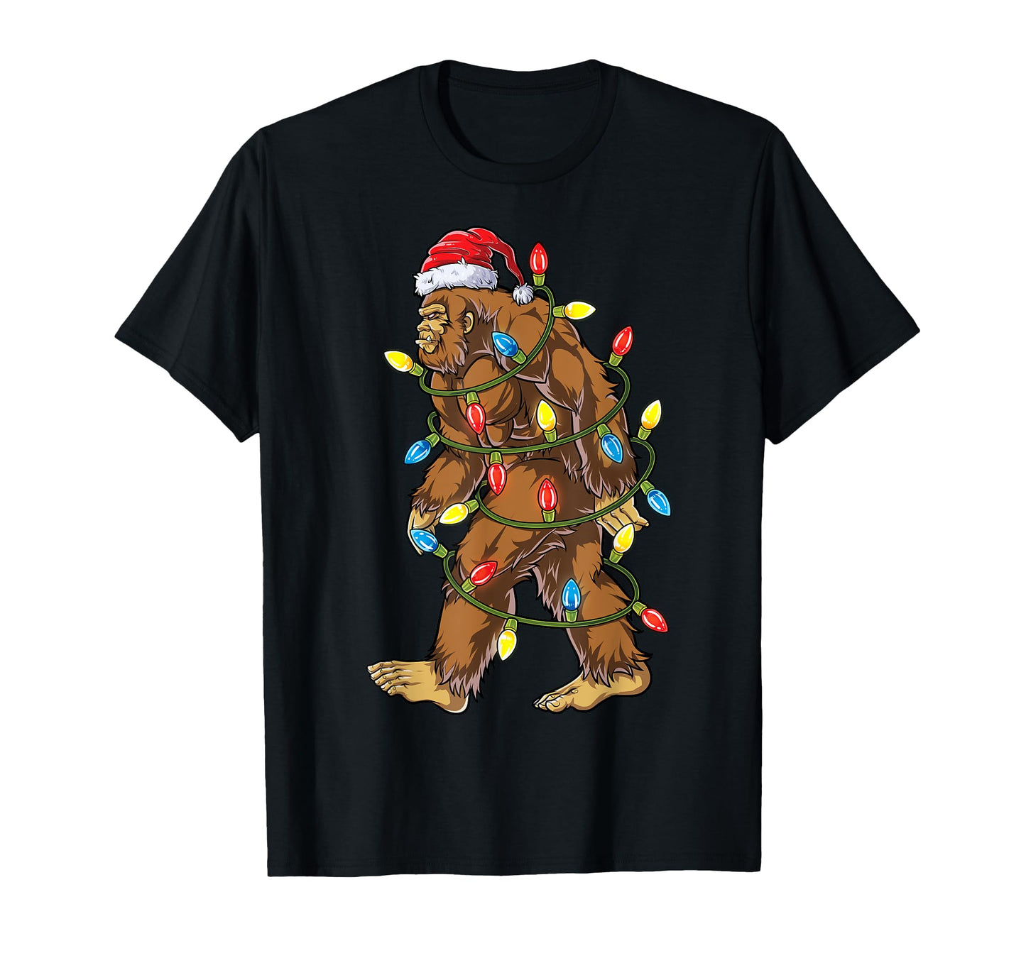 Bigfoot Santa Christmas Tree Lights Xmas Boys Men Sasquatch Short Sleeve T-Shirt