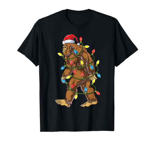 Bigfoot Santa Christmas Tree Lights Xmas Boys Men Sasquatch Short Sleeve T-Shirt