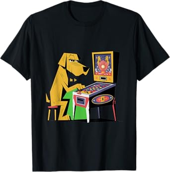 Funny Yellow Lab Dog Playing on Pinball Machine Retro T-Shirt