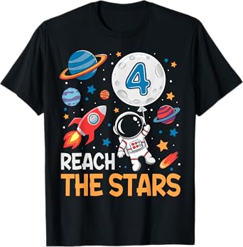 Reach Four The Stars 4 Years Old Birthday Boy Astronaut 4th T-Shirt