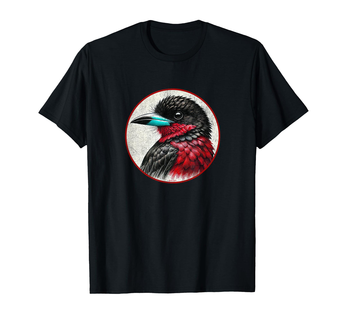 Colorful Retro Black and Red Broadbill Bird Design T-Shirt