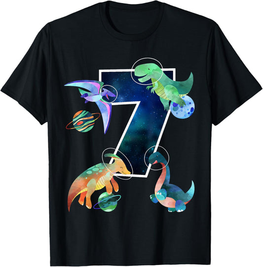 Kids Astronaut Outer Space Dinosaurs 7th Birthday Boy Gift T-Shirt