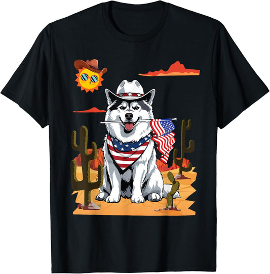 Patriotic Cowboy Alaskan Malamute Dog With US Flag In Desert T-Shirt