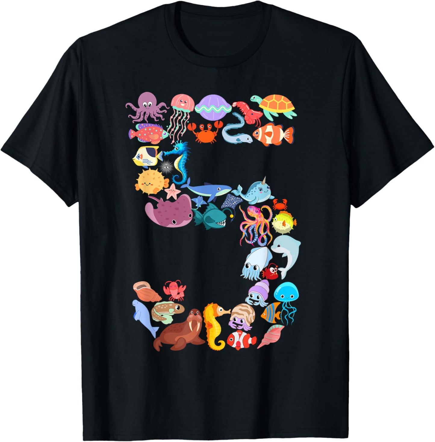 Fun Kids 5th Birthday Ocean Sea Animals Theme 5 Year Old Boy T-Shirt
