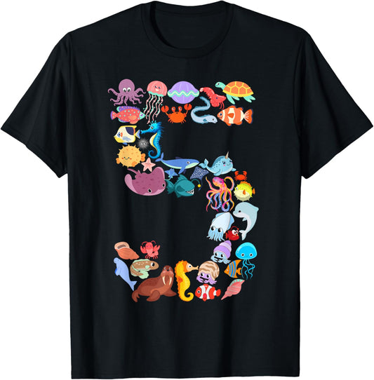 Fun Kids 5th Birthday Ocean Sea Animals Theme 5 Year Old Boy T-Shirt
