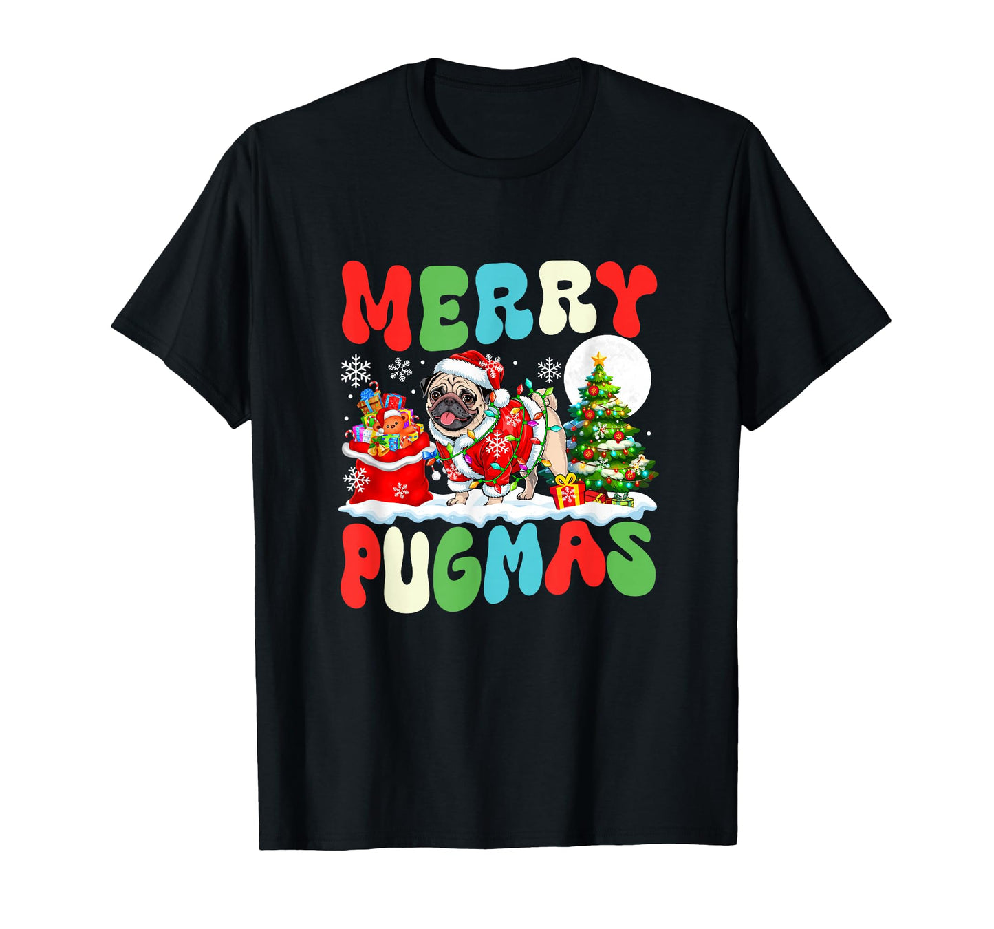 Merry Pugmas Christmas Santa Pug Colourful Costume Owner T-Shirt