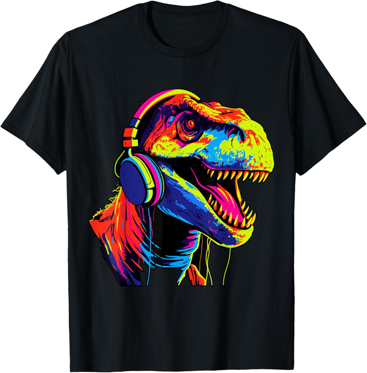 Funny Tyrannosaurus Rex With Head Phones Colorful Design T-Shirt for Men Women Girls Kids