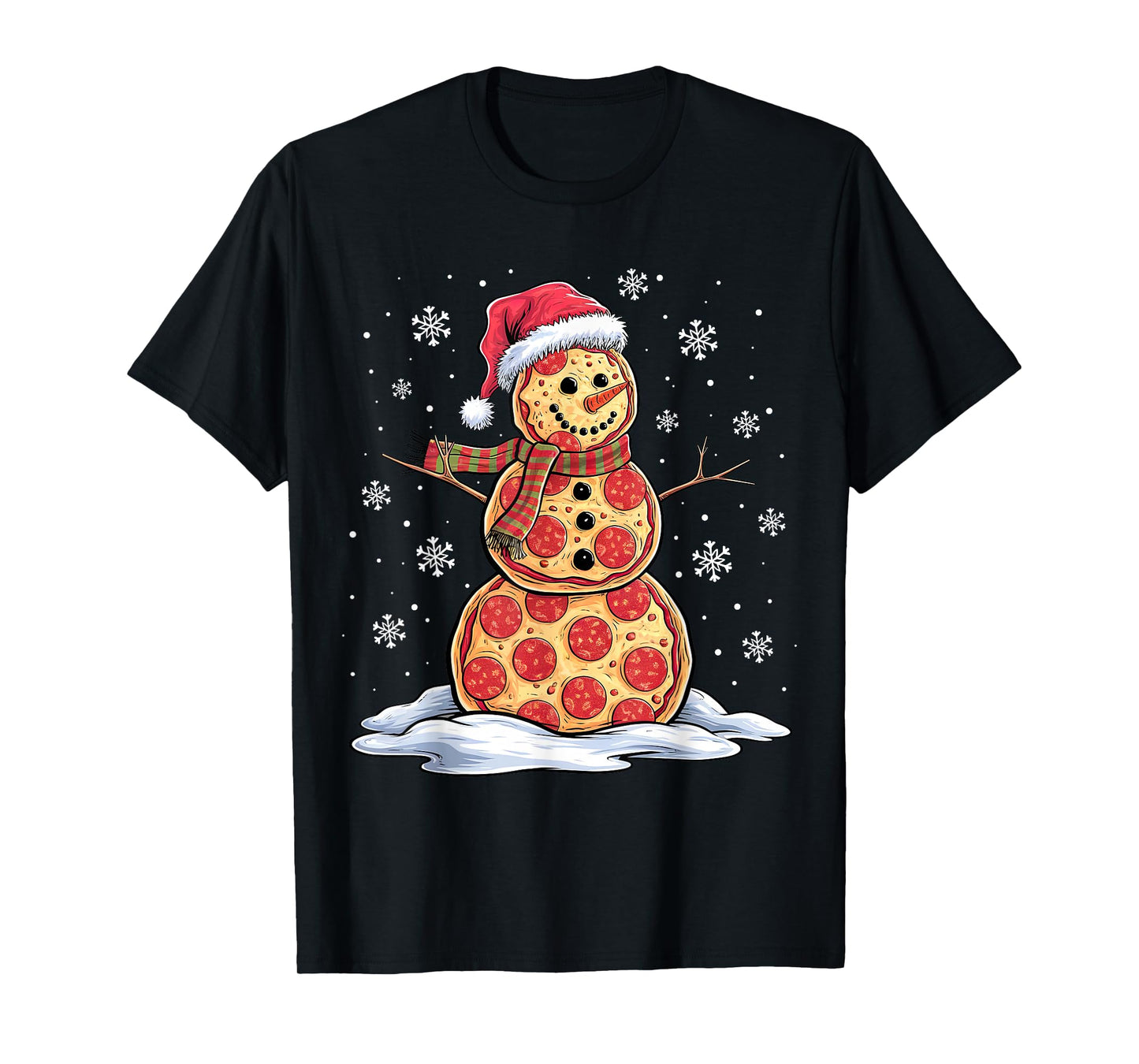 Pizza Snowman - Santa Hat - Christmas Pizza Party - Funny T-Shirt
