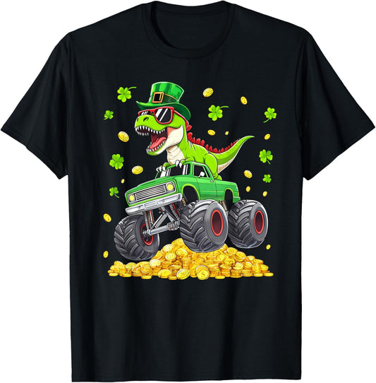 St Patricks Day Dinosaur T-rex Monster Truck Pattys Boy Men T-Shirt