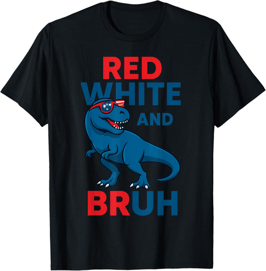 Red White And Bruh Dinosaur Funny Patriotic 4th of July Boys T-Shirt