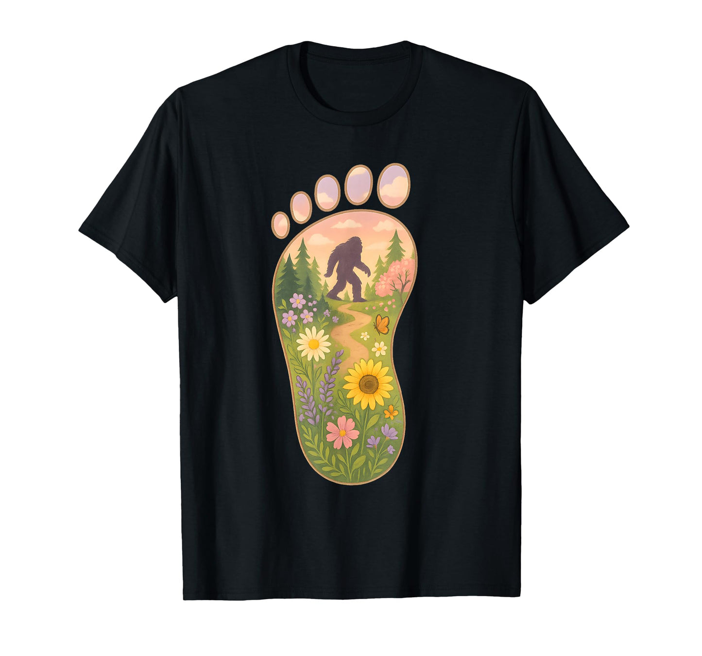Floral Bigfoot Foot Print Forest Nature Sasquatch Cryptid T-Shirt