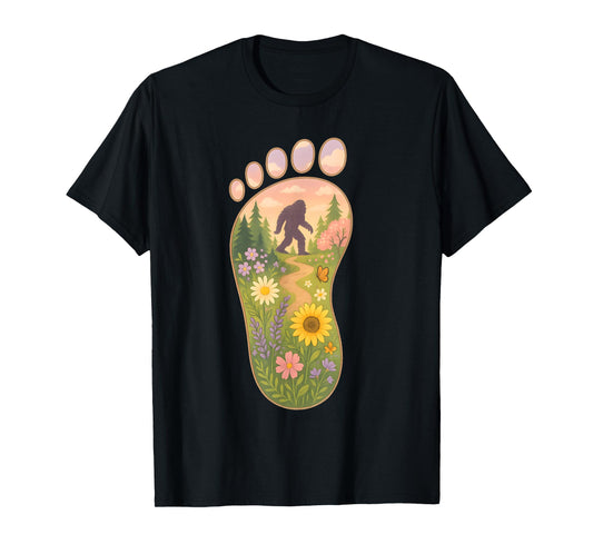 Floral Bigfoot Foot Print Forest Nature Sasquatch Cryptid T-Shirt