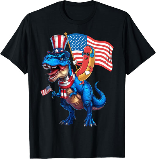 Hotdog Riding Dinosaur TRex 4th of July USA Flag T-Shirt for Men Women Kids