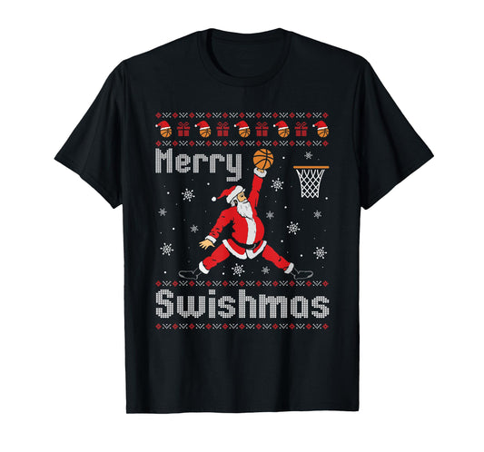 Merry Swishmas Basketball Dunk Rebound Santa Christmas Party T-Shirt