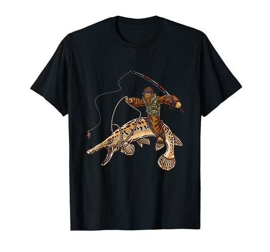 Alligator Gar Fishing Bigfoot Fisherman T-Shirt, Small, Black