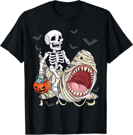 Skeleton Riding Mummy Shark Funny Halloween Pumpkin Kids T-Shirt