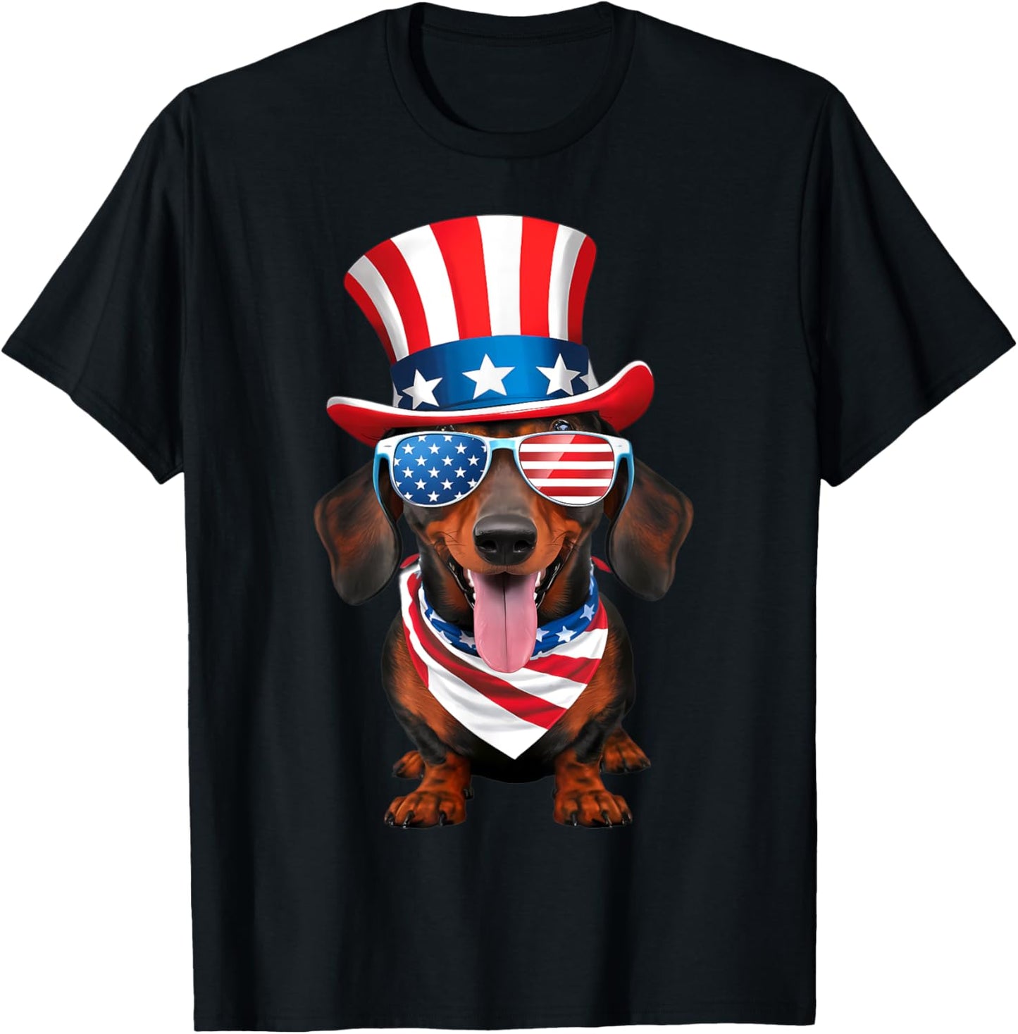 Dachshund Dog American Flag Glasses Hat 4th of July T-Shirt