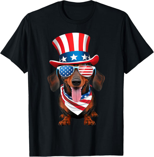 Dachshund Dog American Flag Glasses Hat 4th of July T-Shirt