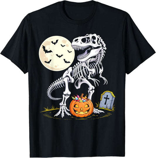Halloween Dinosaur T Rex Skeleton Moon Pumpkin Boys Kids T-Shirt