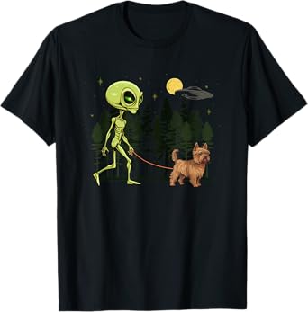 Funny Silky Terrier Alien Walking UFO Pet Dog Mom Dad T-Shirt for Men Women Kids