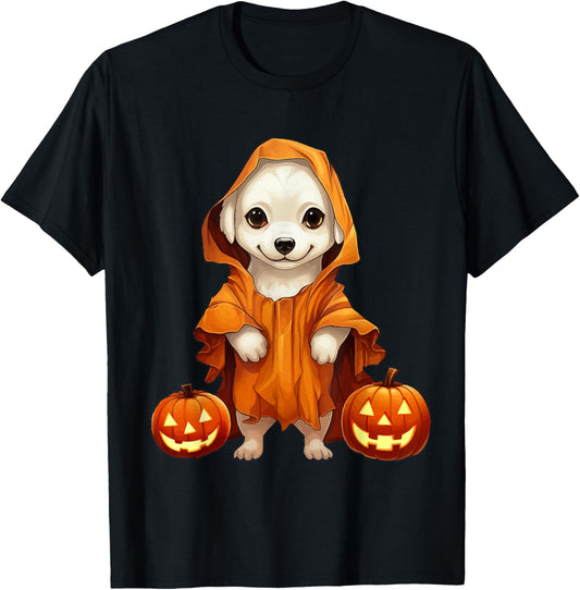 Cute Dog Dressed as Ghost Halloween Funny Boo Dog Pumpkin T-Shirt