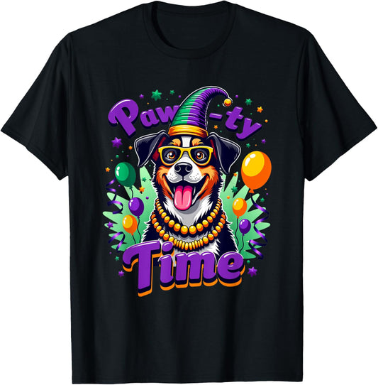 Pawty Time Dog Pet Funny Mardi Gras Costume Teens Boys Kids T-Shirt