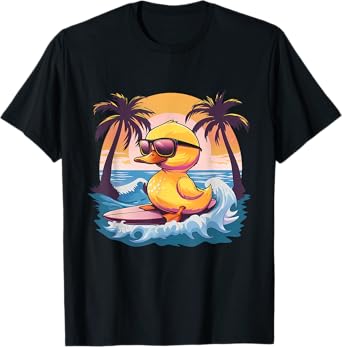 Rubber Duck Surfing Surfer Beach Sunset Rubber Duckie T-Shirt