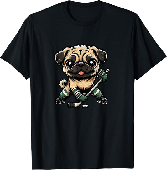 Cute Pug Playing Ice Hockey Dog Design T-Shirt