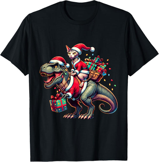 Adorable Sphynx Cat Rides Christmas T-Rex Santa for Sphynx T-Shirt