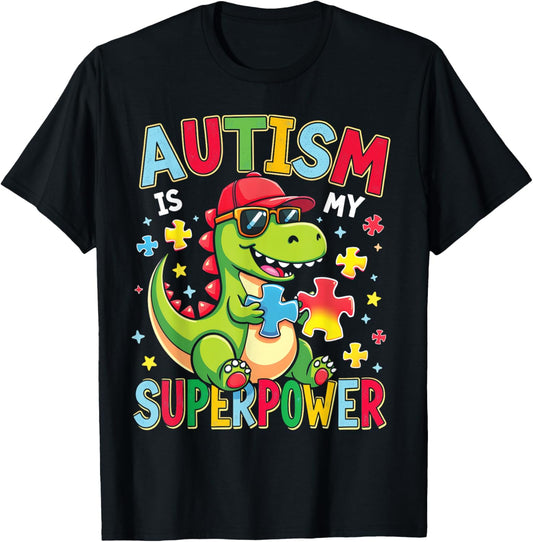 Autism Is My Superpower Autism Awareness Dinosaur Boys Kids T-Shirt