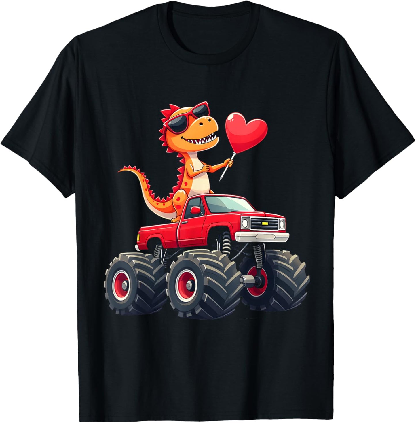 Funny Valentines Day T-Rex Riding Monster Truck T-Shirt
