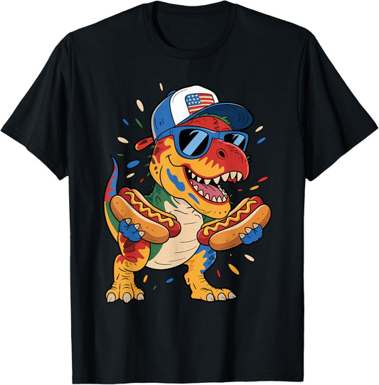 4th of July T Rex Dinosaur Sunglasses Hotdog American Flag T-Shirt for Men Women Kids