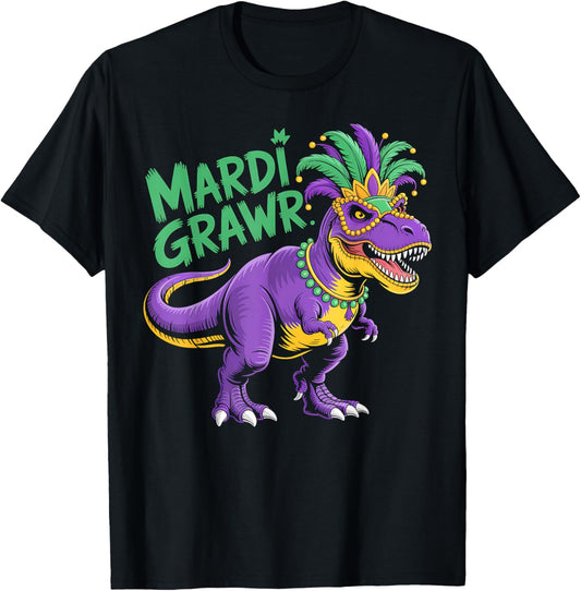 Mardi Grawr Funny TRex Dinosaur Beads Mask New Orleans T-Shirt