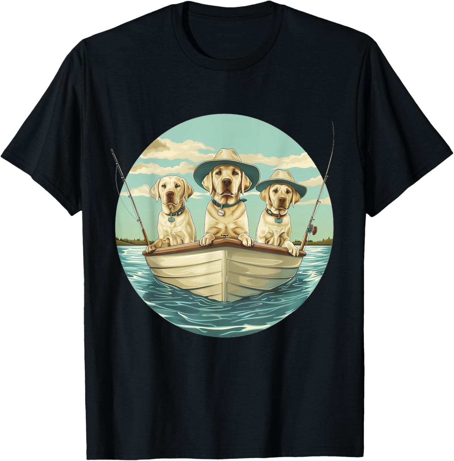 Cute Yellow Labrador Retriever Dogs Fishing Boat Lake Dog T-Shirt